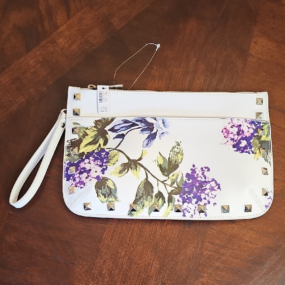 White House Black Market Handbags - NWT White House Black Market Floral Studded Wristlet Clutch White, Purple